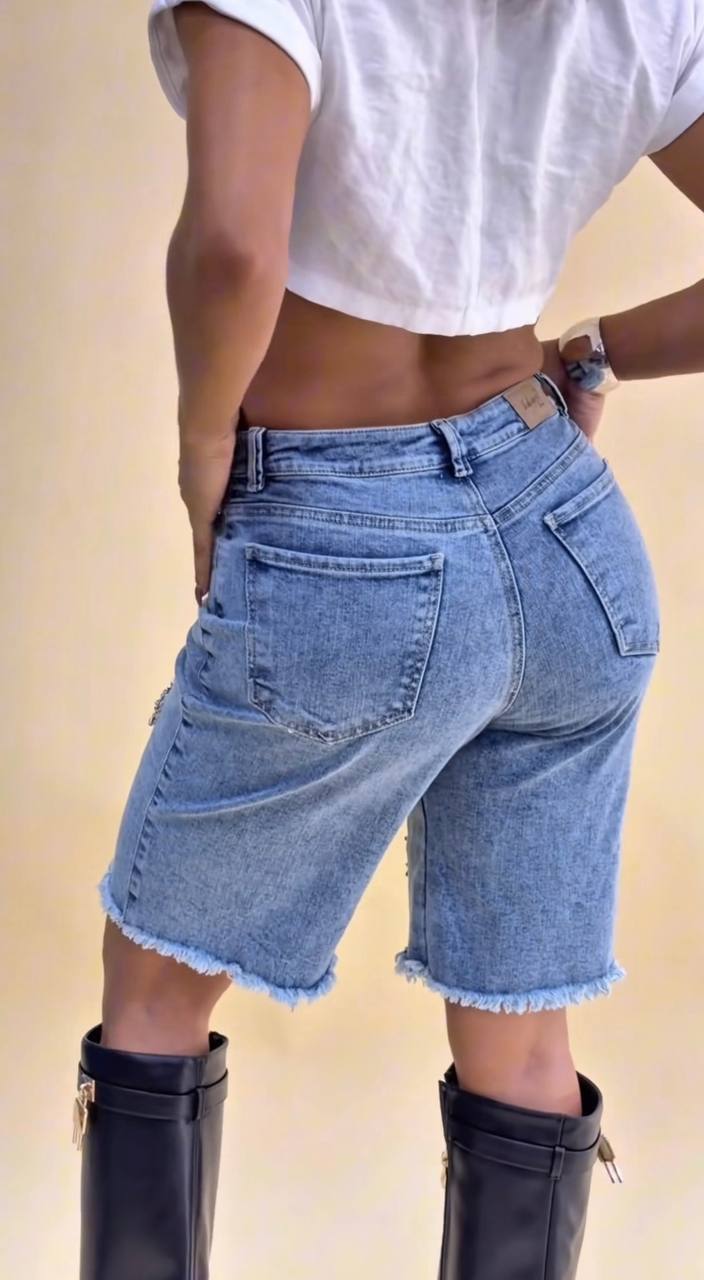 Dark Blue Denim Bermuda Shorts – Heart Cutouts with Rhinestone Trim