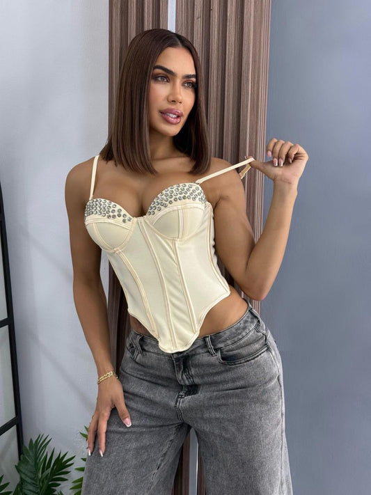 Women’s Corset Top with Rhinestone Detail & Straps