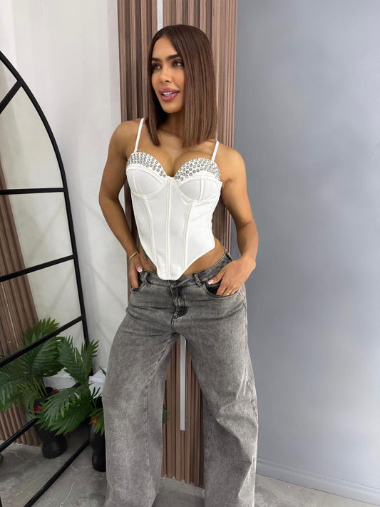 Women’s Corset Top with Rhinestone Detail & Straps
