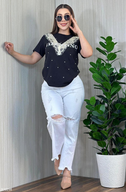 Women’s T-Shirt Blouse with Lace & Rhinestone Detail