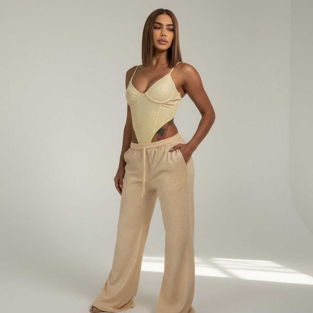 Women’s Set with Rhinestone Detail – Body Top & Pants
