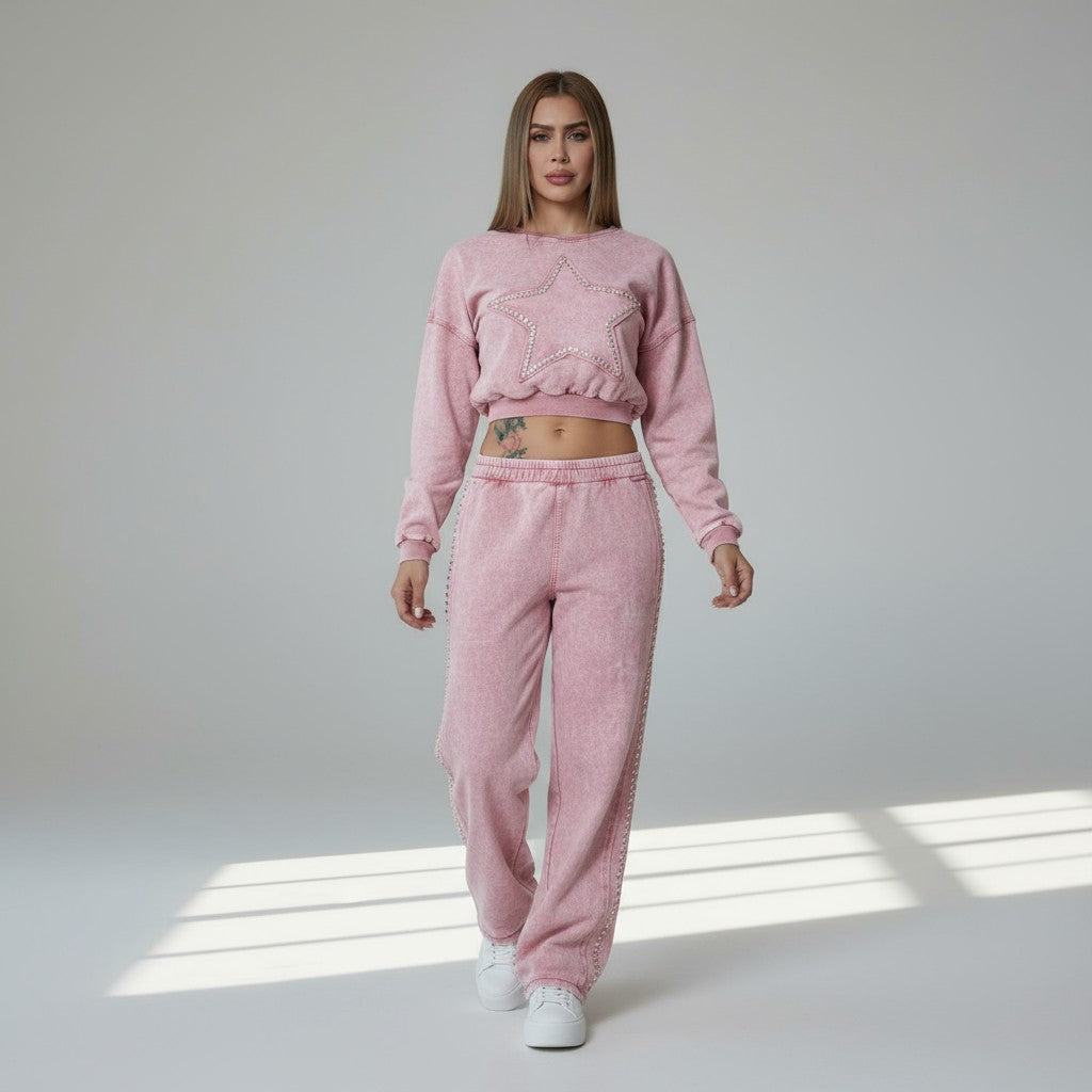 Rhinestone Embellished Pants & Crop Top Set