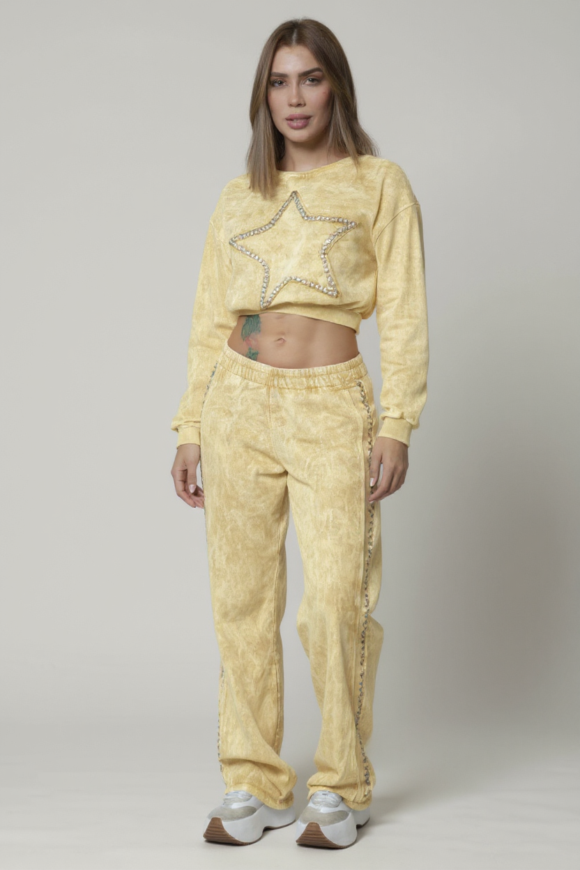 Rhinestone Embellished Pants & Crop Top Set