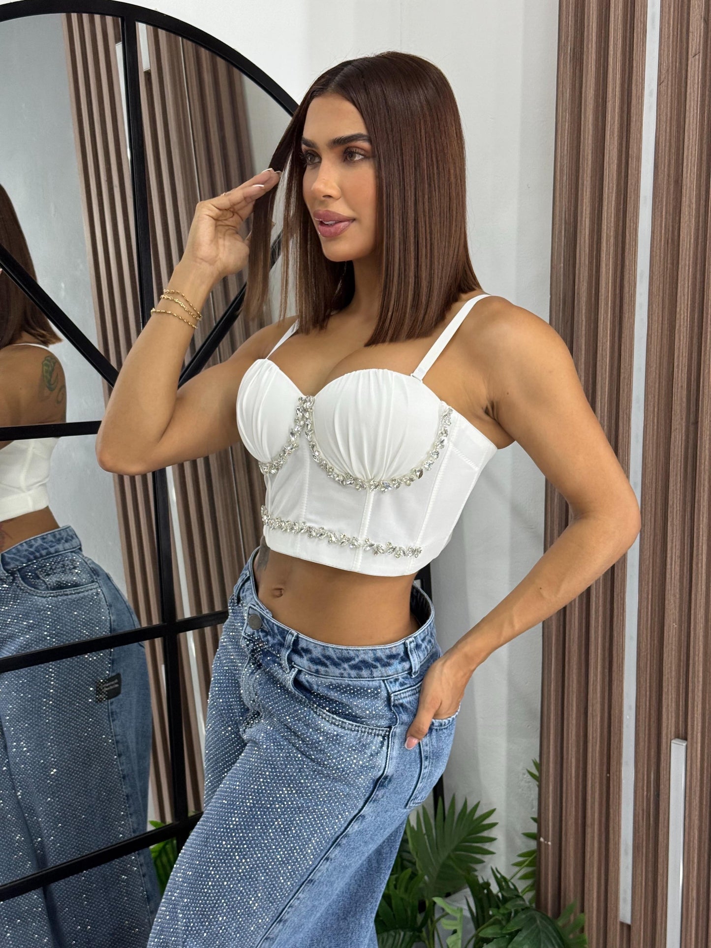 Women’s Corset Top with Rhinestone Detail & Straps
